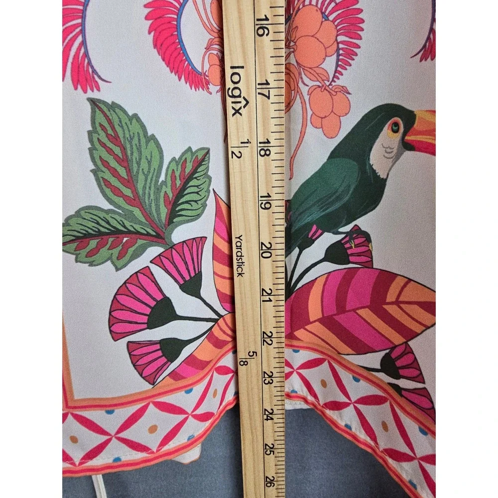 Women's Cardigan Blouse 2XL Cream Tropical Toucan Tie Front Boho Relaxed Fit